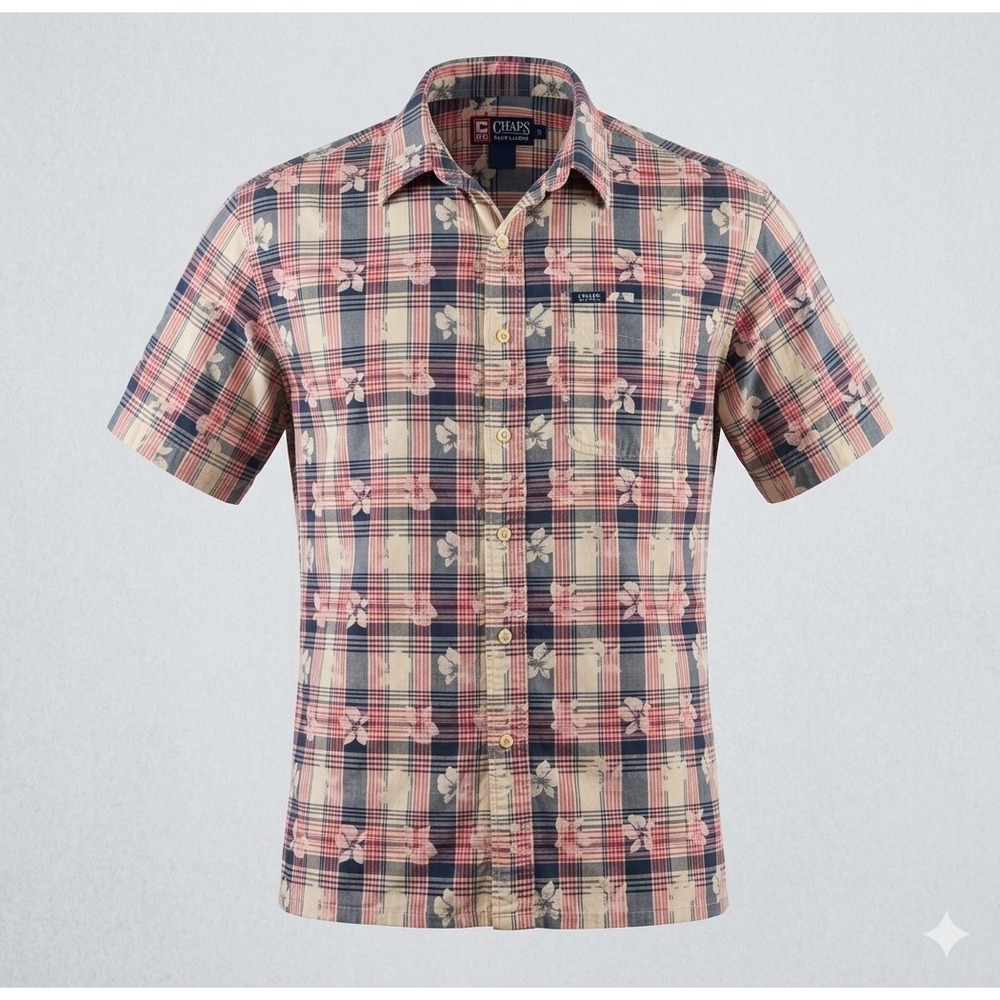 Chaps Ralph Lauren Men's Blue, Red, & Ivory Floral Plaid Button Up Shirt. Size M